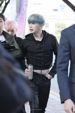 hairykpoppits:Is that pubes, Wonho? God bless crop top!