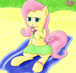 plushcolossus: Fluttershy on the beach, with juice and towel.