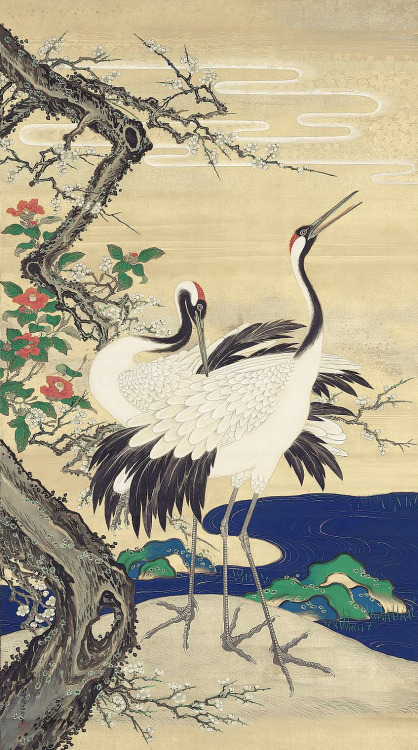 japaneseaesthetics:  Cranes with Plum and Camellias梅花双鶴図Kano