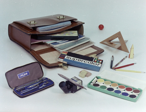 scavengedluxury:  Satchel and school supplies, 1971. From the