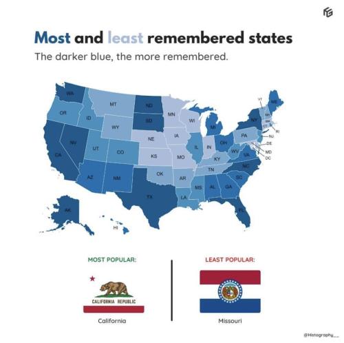 mapsontheweb:  Most and least remembered US states.Source: Sporcle