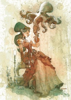 steampunktendencies:  “Tea painting” of otto and victoria