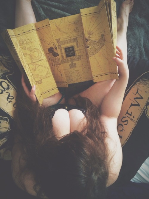 molotowcocktease:  Did you know Hermione put on some pounds while negotiating with the house elves in the kitchen?  Here you can see her taking a peek at the marauders map to see if Ron is on his way from the Quidditch field to explore her chamber of