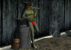 This argonian seems to be chilling about in his underwear, perhaps