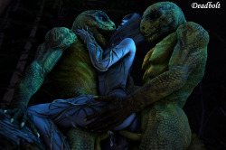 Lizard Men double teaming the Lady of the ForestClick Here for