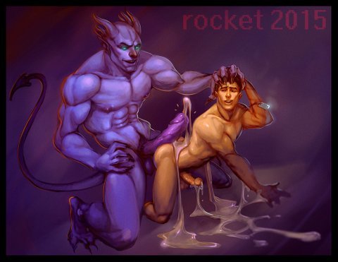 rocketmenstudio:  A devilish recent commission.   Http://rocketmenstudio.tumblr.com   Finding tagged yaoi demon monster sex photos are so hard. This wasnâ€™t tagged either. Until now.Â 