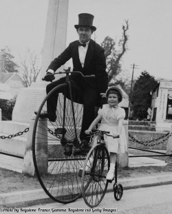 historicaltimes:  Father and daughter on penny-farthings, London