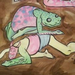 Detail of a drawing. Froggy McSnake-Arm and Hanya Gator-arm are