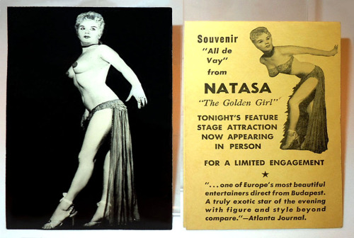  Natasa       aka. “The Golden Girl”.. Appearing on both a promo postcard and a complimentary 60’s-era “table-topper” card gifted to patrons attending the ‘CHORAGE Club’; located in Atlanta’s Hotel Clairmont..