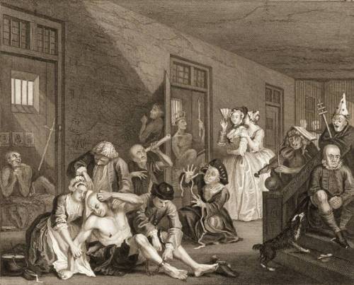 An engraving depicts a scene at Bedlam, the first asylum in England
