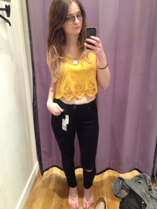 shortcutstohappiness:  HI I AM REALLY NOT INTO BEING ME RIGHT NOW SO HERE IS A PICTURE OF ME IN A CUTE SHIRT DOING SOMETHING WEIRD WITH MY HAND AND MY BELLY SAYING HI. (I have a lot of changing room selfies for this exact purpose)