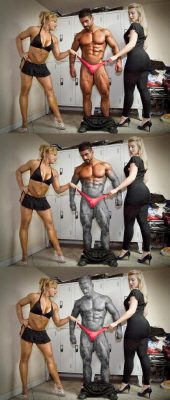 Two women turn a bodybuilder into stone. Pretty sure this manip