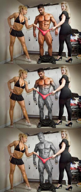 Two women turn a bodybuilder into stone. Pretty sure this manip is by Manhardbody, but Iâ€™m not sure exactly where itâ€™s from.