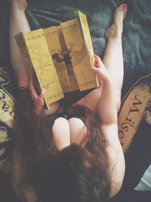 molotowcocktease:  Did you know Hermione put on some pounds while negotiating with the house elves in the kitchen?  Here you can see her taking a peek at the marauders map to see if Ron is on his way from the Quidditch field to explore her chamber of