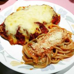 Valentine’s day treat. Chicken Parmesan and chilli/spinach