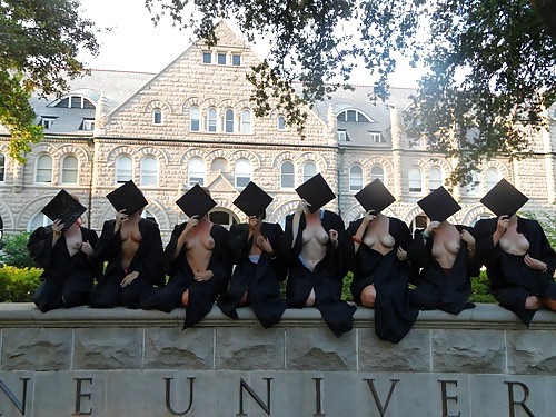 I wish I could believe they’re real students…  anonymousexhibitionist:  Topless University Group Flash 