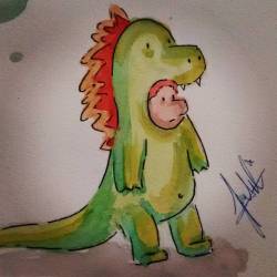 Tenía insomnio y salió esto, un niño dinosaurio. #watercolors