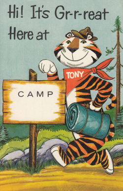 cardboardamerica:  Hi! It’s Great Here Special thank you for the submission from The Groovy Archives. What a great postcard!  Ah, I remember summers in my youth spent at CAMP, writing home to mom and dad about all the lovely Kellogg&rsquo;s cereals