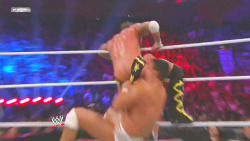 rwfan11:  CM Punk- trunks pulled by Del Rio at Survivor Series