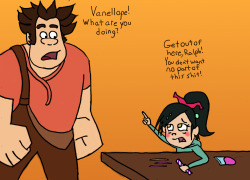 Vanellope tries to warn Ralph away from the hard stuff, a very