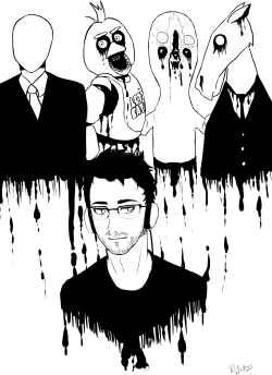ryunanara:  I’m really proud of this. Feat: Markiplier, Slendy, Chica, SCP-173, and that river goat from Year WalkArt: Yours Truly.  Very very nice! Love the style!