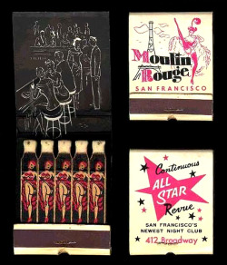 Vintage matchbook for the ‘MOULIN ROUGE’, located at 412 Broadway Avenue (near Montgomery); in San Francisco, California.. The nightclub was one of a number of local Topless Bars that were owned/operated in the mid-60&rsquo;s by: Dave Rapken.. Jeani