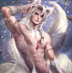 sakimichan:   silver‬ fox original male nsfw pinup >;3 i