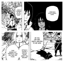 shinoatisuto:  Sasuke spent everyday for weeks with Karin and