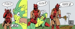Hellboy mourns the death of Abe Sapien…kinda. Courtesy