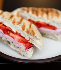 Black forest ham, smoked gouda, pesto & tomato on a foccacia