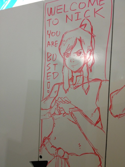 korranation:  censura:  The crew was having way too much fun.  We have white board cabinets at our animation studio. Here’s just some of the INSANELY AWESOME artwork that gets drawn on them :) 