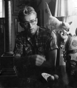 wehadfacesthen:James Dean and his cat Marcus, New York, 1954