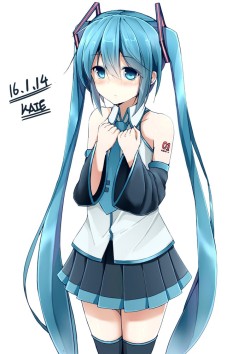 VOCALOID、初音ミク、高解像度、2016、スカート、ネクタイ、ロングヘア、ツインテール、サイハイソックス、カウボーイショット、hands