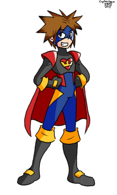 Sora in a superhero costume. I’ve been drawing a lot of Keyblades