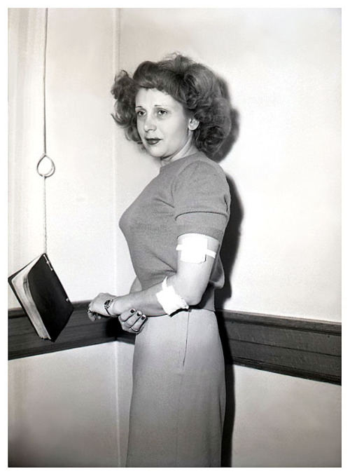 Vintage press photo dated from 1951, features showgirl Inez Claire in an Oakland (California) police department.. Judging by the bandages, I’m guessing she was the victim of a recent assault?