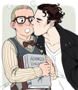 bearsbones: Greaser Sherlock stealing a kiss from John (because