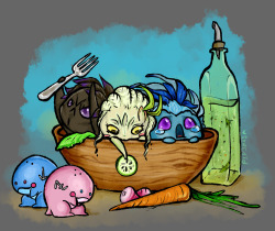 stuffsyrdraws:  My three Sylvari in a little wooden salad bowl.From