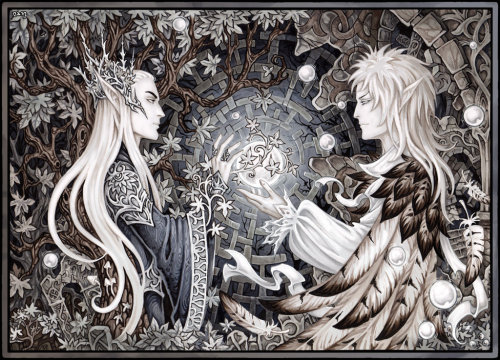 brokenponycutiemark:  fuckyeahdangersalmon:  Elven King Vs Goblin King Two Kings by Candra  Okay. This is jaw-droppingly gorgeous. And flawless. Look at those eyebrows. 