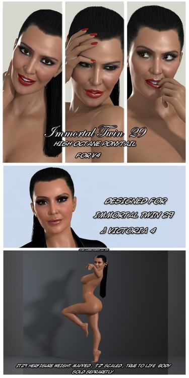 Well what do we have here?? A new Hairstyle for Immortal Twin 29 and Victoria 4? The  High Octane Ponytail is the glamorous signature hairdo of Immortal Twin  29. It uses a mixture of sculpted strands, realistic shapes, and finely  detailed transparencies