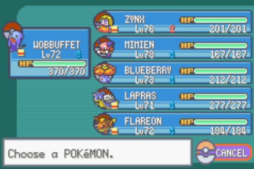 Today I finished my first Pokemon game ever: Pokemon Fire Red.Â  This was my final team: Wobbuffet, Jynx, Mr.Mime, Vileplume, Lapras, and Flareon.Â I’m so proud of all my first little pocket monsters. :)Â  Yeah I know this post is random, but gurl