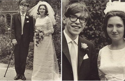 blondebrainpower:Stephen Hawking with his bride, Jane Wilde,