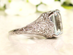 ringscollection:  Vintage Aquamarine Engagement Ring 3.79ct Emerald