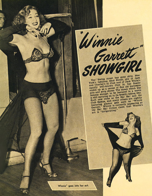   Winnie Garrett is featured in the January 1949 edition of ‘SIR!’ magazine.. It wasn’t uncommon for 40’s-era Men’s mag publishers to have their Art Departments “paint in” additional clothing to skirt prevailing obscenity