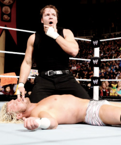 Ziggler bulging after a hard fought match against Dean!
