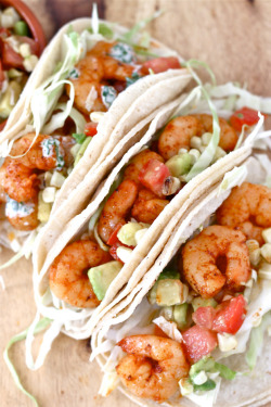 verticalfood:Shrimp Tacos with Avocado Corn Salsa and Herb Crema