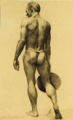 Edward Orestuk Drawing of a Male Nude Holding a Hat, 1939. Graphite