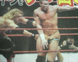 sexywrestlersspot:  An old pic of Randy’s cock being exposed.