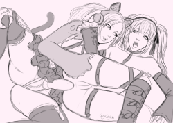 shugarsketch:  work in progress of Tekkenâ€™s Lucky Chloe and Dead or Aliveâ€™s Marie Rose. They belong together. 