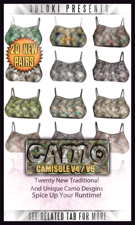 Another  material pack from Loki for Disordercode’s “Camisole” aka Strip Show II  for V4 and V6! This addition has fashionable Camo designs to chose  from. Each of the 20 files has traditional and unique designs and colors  to help add