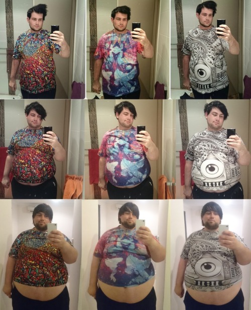 foopyfoopz:  ive had so many people ask for pics of me in tight clothes, so I figure I’d revisit this progress shot from a couple years back that shows me outgrowing these colorful XXL tees.1st: 255lbs (July 2014)2nd: 332lbs (December 2014)3rd: 430lbs